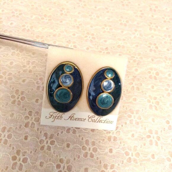 Vintage Teal Blue Enamel Gold Tone Large Oval Earrings Non-Pierced Clip Earrings - Picture 4 of 8